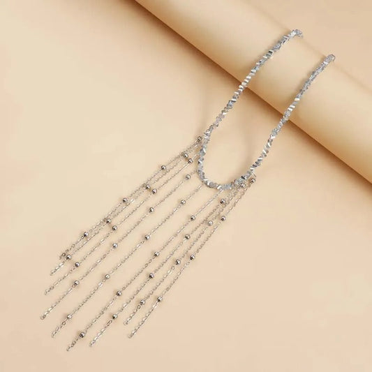 Silver Fringe & Beaded Chain Drops Necklace-Ariette Jewelry