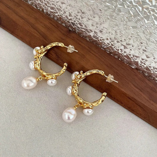 Antique Style Gold Hoop Freshwater Pearl Charm Earrings-Ariette Jewelry