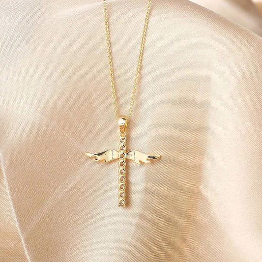 Gold Angelic Winged Cross Pendant Necklace-Ariette Jewelry