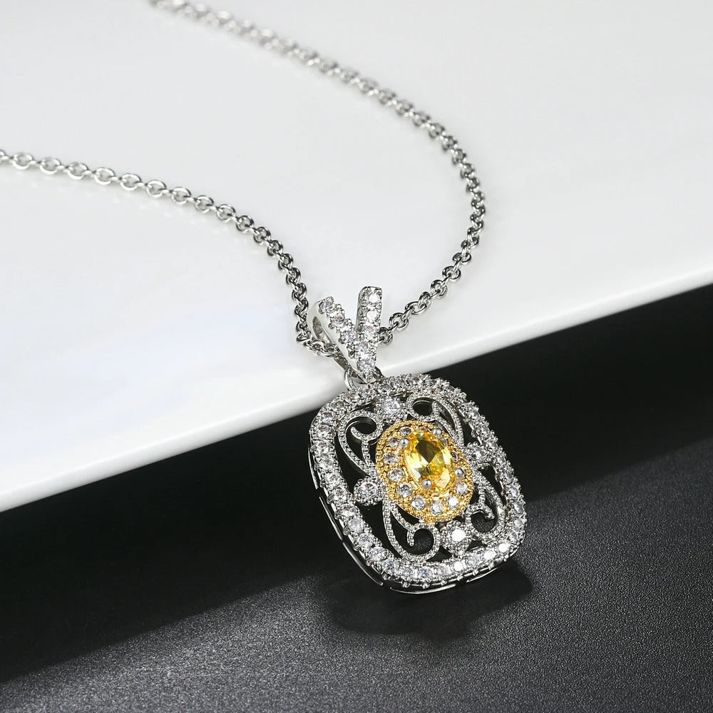 Retro Silver Yellow Gemstone & Crystal Surround Necklace-Ariette Jewelry