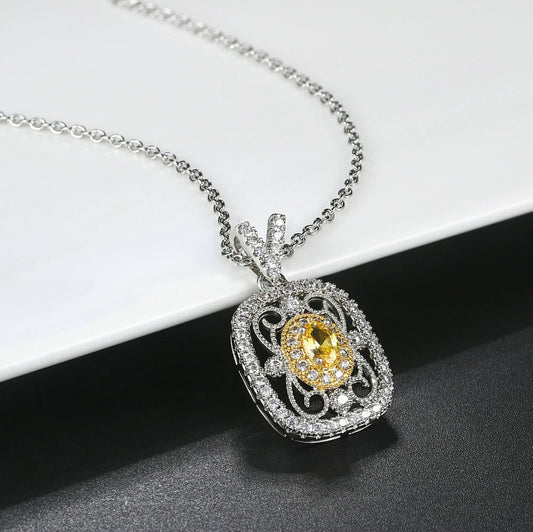 Retro Silver Yellow Gemstone & Crystal Surround Necklace-Ariette Jewelry