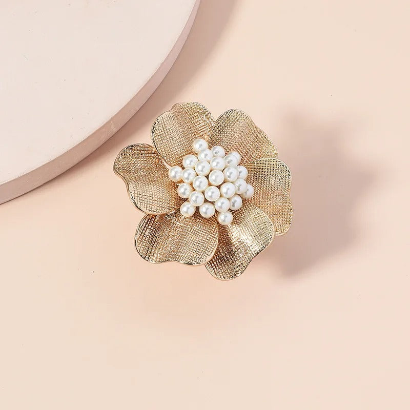 Classic Gold Floral White Pearl Adjustable Ring-Ariette Jewelry
