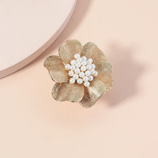 Classic Gold Floral White Pearl Adjustable Ring-Ariette Jewelry