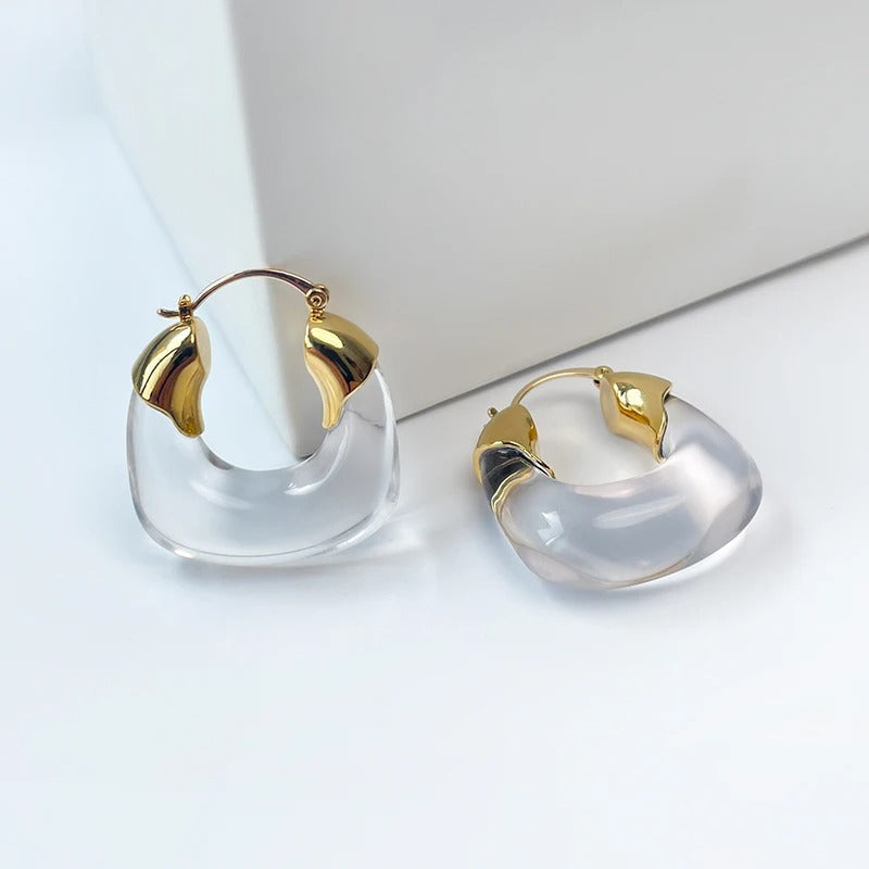 Gold & Clear U-Shaped Hoop Earrings-Ariette Jewelry
