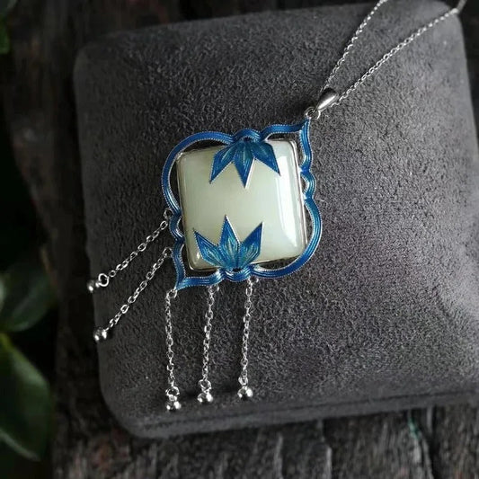Vintage Silver Blue Floral & White Gem Pendant Necklace-Ariette Jewelry