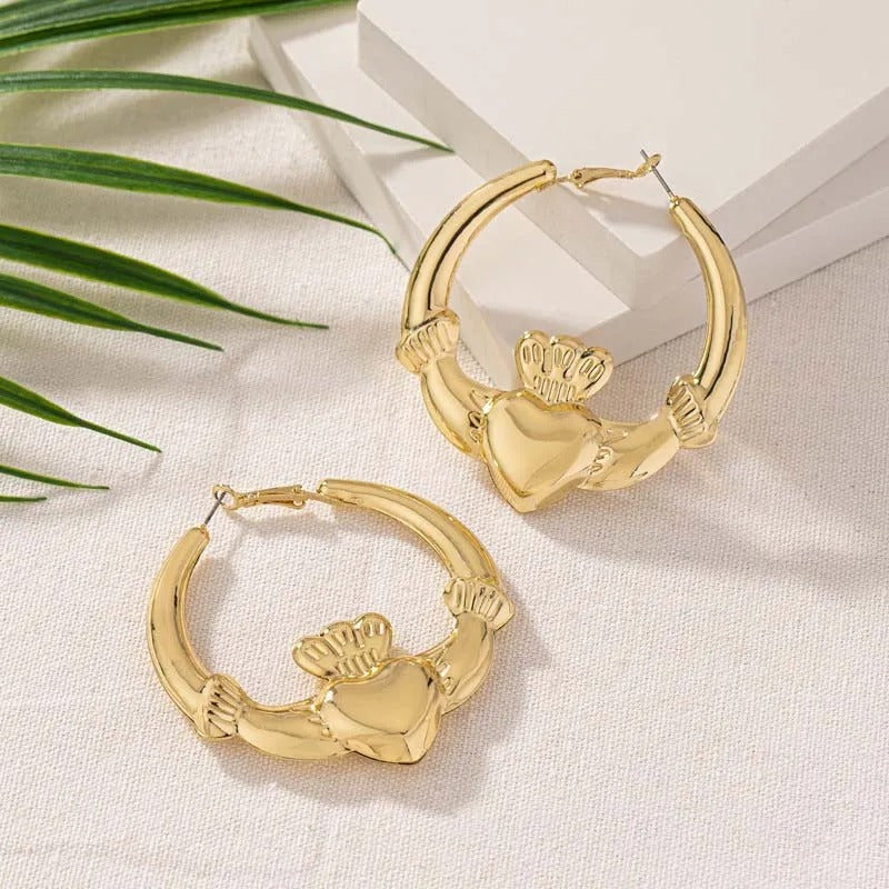 Gold Heart-Shaped Winged Hoop Earrings-Ariette Jewelry