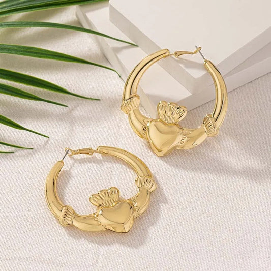 Gold Heart-Shaped Winged Hoop Earrings-Ariette Jewelry