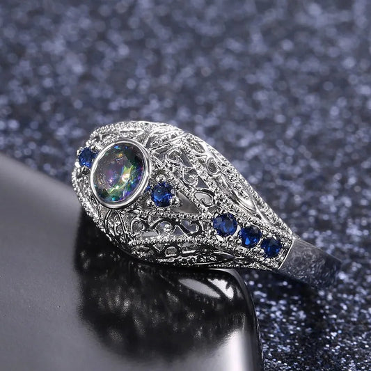 Vintage Silver & Blue Crystal Ring-Ariette Jewelry
