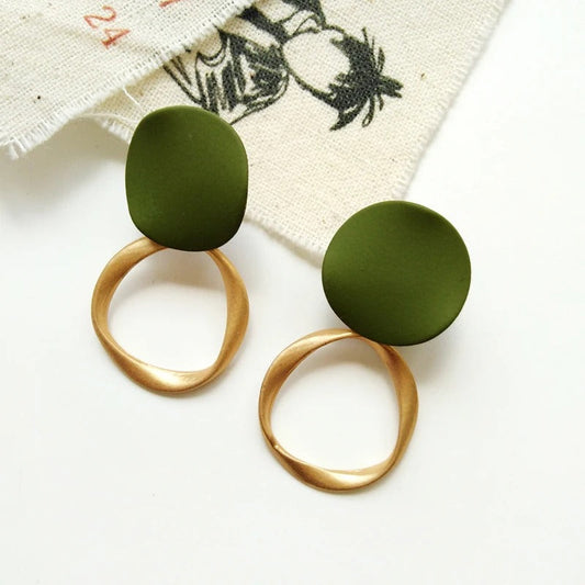 Matte Green & Gold Geometric Hoop Earrings-Ariette Jewelry