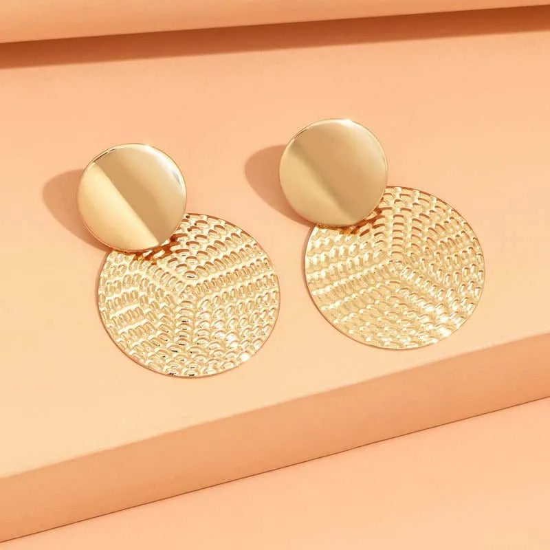 Bohemian Gold Textured Circle Pendant Earrings-Ariette Jewelry