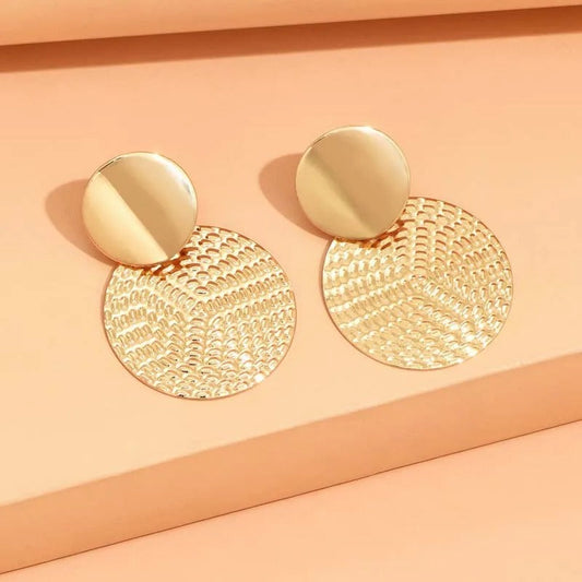 Bohemian Gold Textured Circle Pendant Earrings-Ariette Jewelry