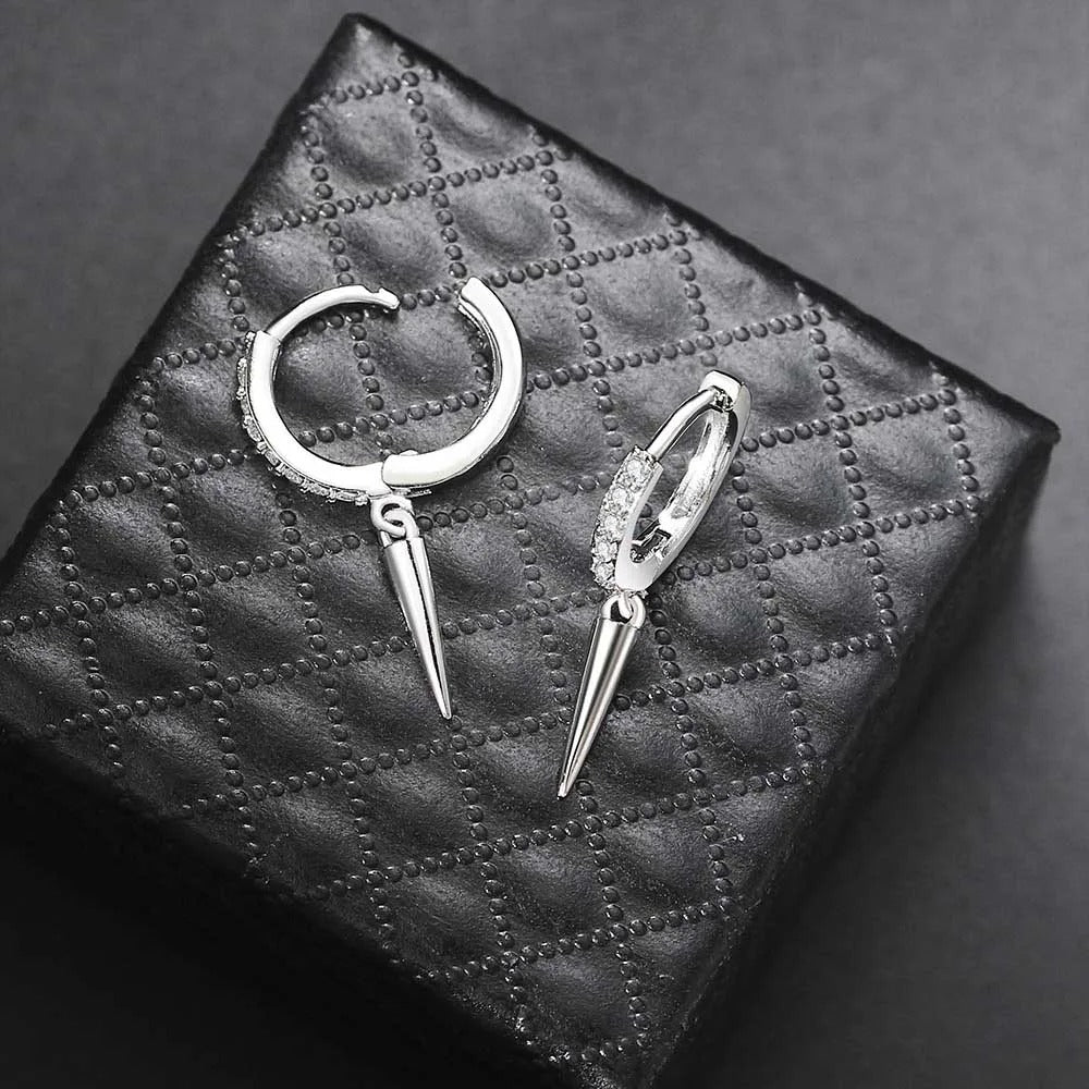 Silver Spiked Drop & Sparkling Crystal Hoop Earrings-Ariette Jewelry