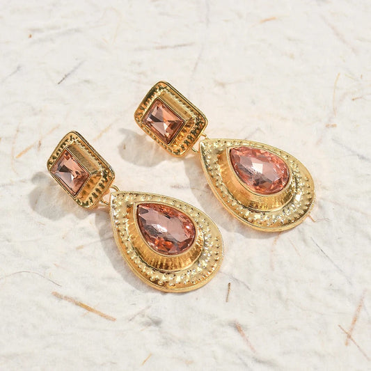 Vintage Gold Pink Gemstone Teardrop Earrings-Ariette Jewelry