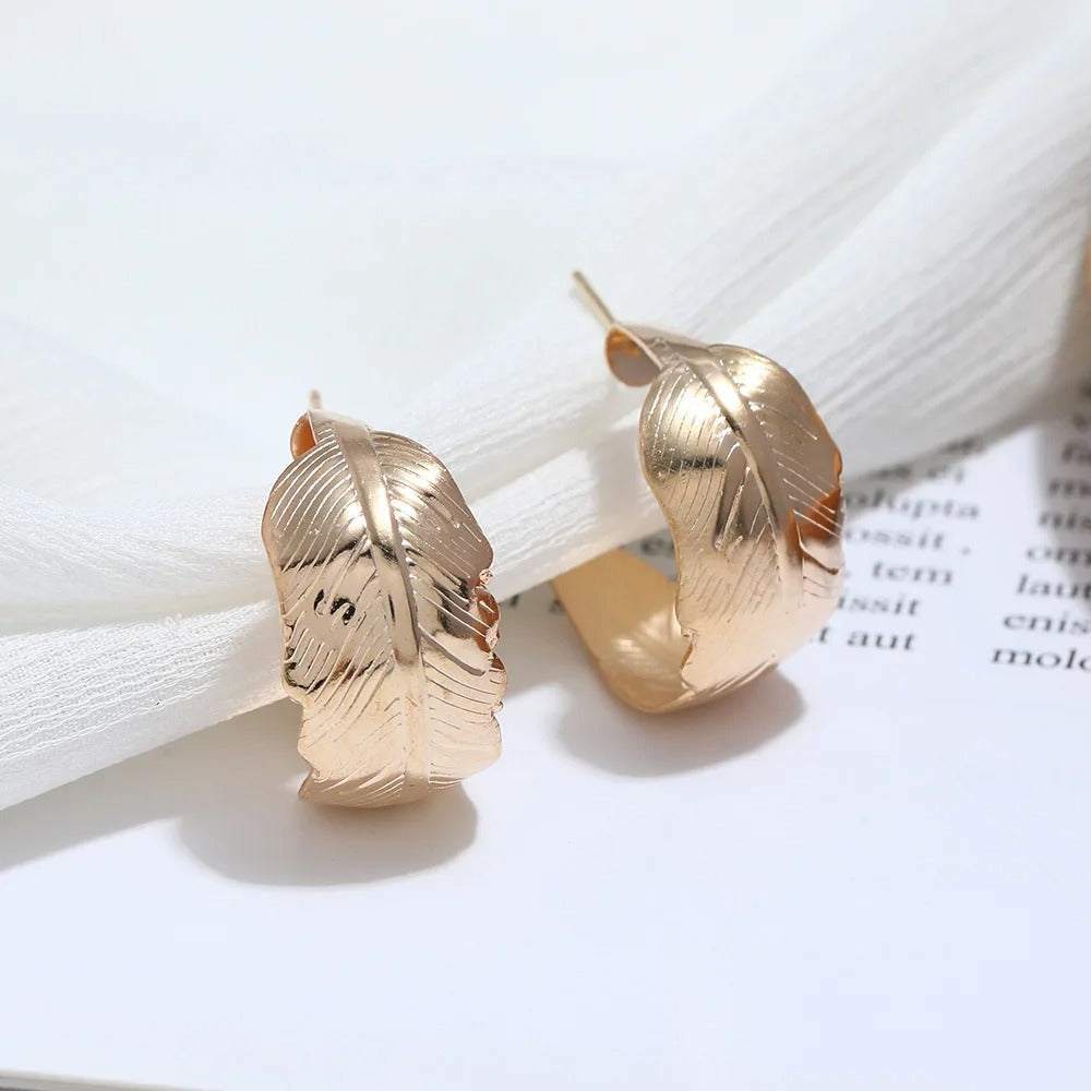 Vintage Gold Leaf Shaped Hoop Earrings-Ariette Jewelry