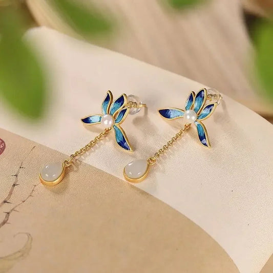 Vintage Gold & Blue Flower Pearl Jade Drop Earrings-Ariette Jewelry
