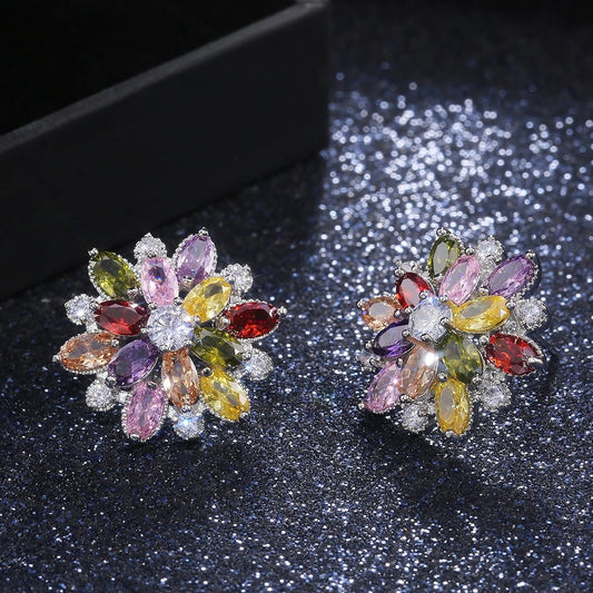 Silver Vintage Multi-Color Flower Earrings-Ariette Jewelry