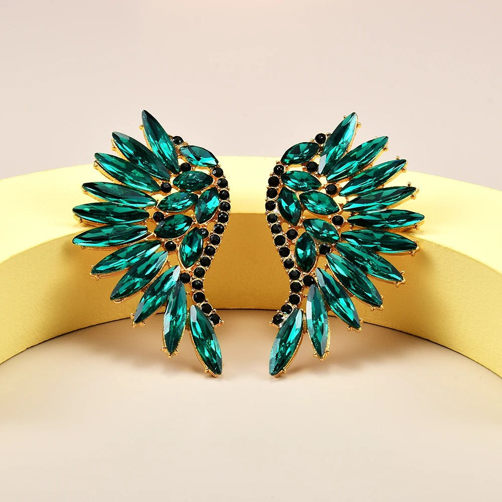 Vintage Gold & Teal Winged Crystal Earrings-Ariette Jewelry