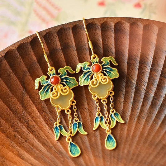 Vintage Gold White Jade Enamel Porcelain Tassel Earrings-Ariette Jewelry