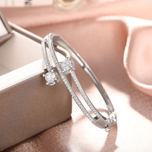 Silver Crystal Double Bar Bracelet-Ariette Jewelry