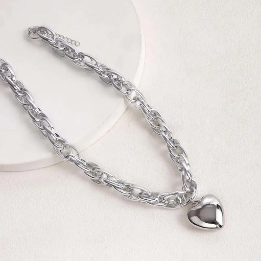 Silver Chunky Chain & Heart Shaped Pendant Necklace-Ariette Jewelry