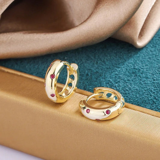 Vintage Gold Red Stone Huggie Earrings-Ariette Jewelry