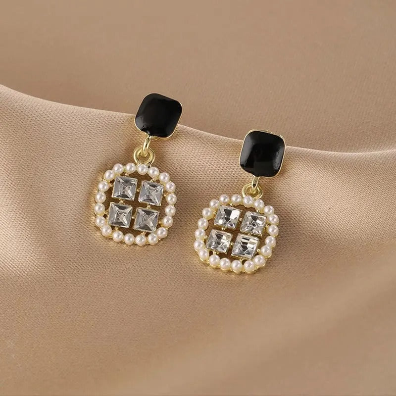 Pearl & Crystal Circle Square Dangle Earrings-Ariette Jewelry
