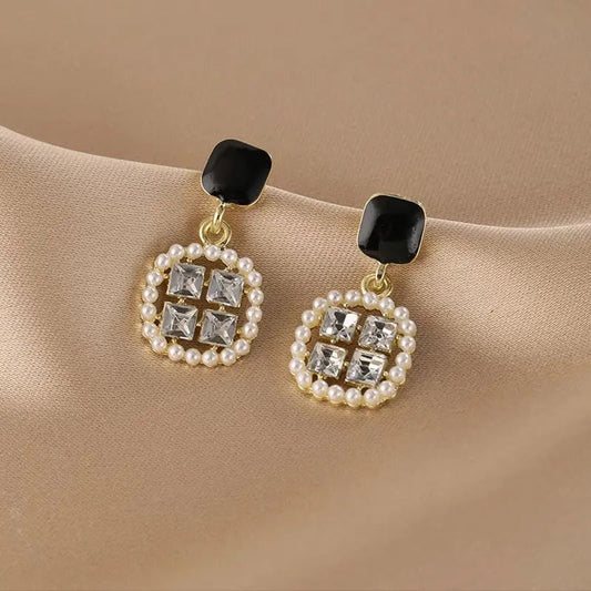 Pearl & Crystal Circle Square Dangle Earrings-Ariette Jewelry