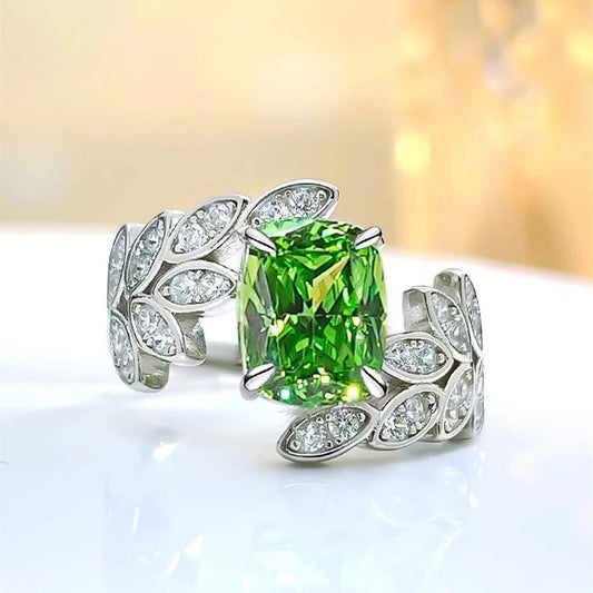 Green Crystal Leaf Pattern Silver Ring-Ariette Jewelry