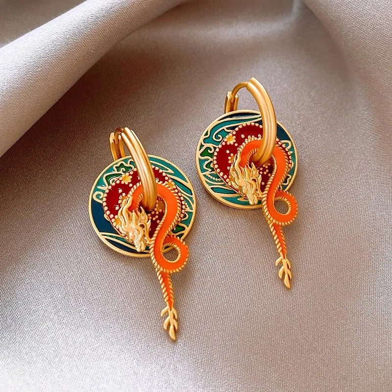 Classic Gold Colorful Dragon & Flame Design Earrings-Ariette Jewelry