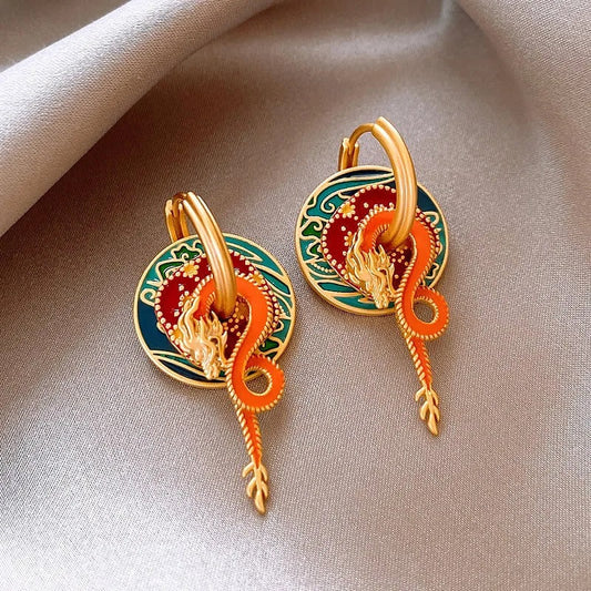 Classic Gold Colorful Dragon & Flame Design Earrings-Ariette Jewelry