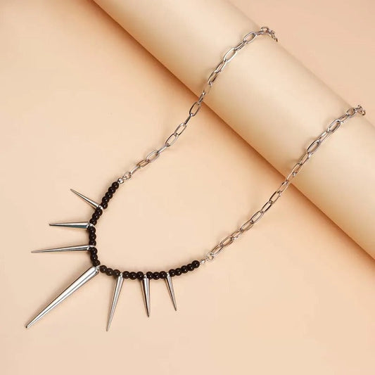Silver Black Bead & Chain Link Spiked Necklace-Ariette Jewelry
