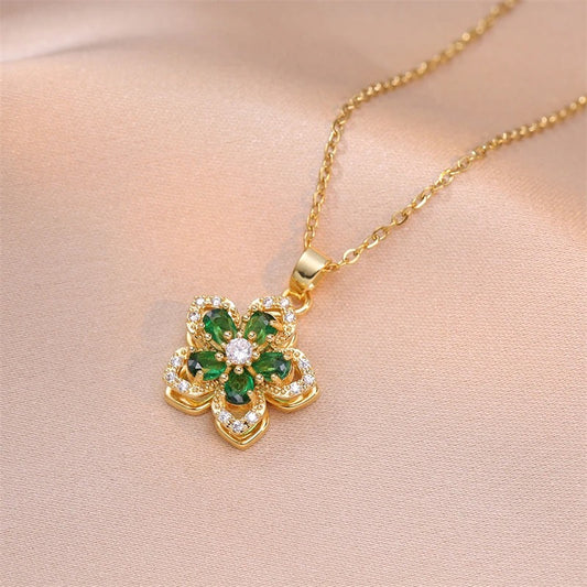Vintage Gold Green Flower Pendant Necklace-Ariette Jewelry