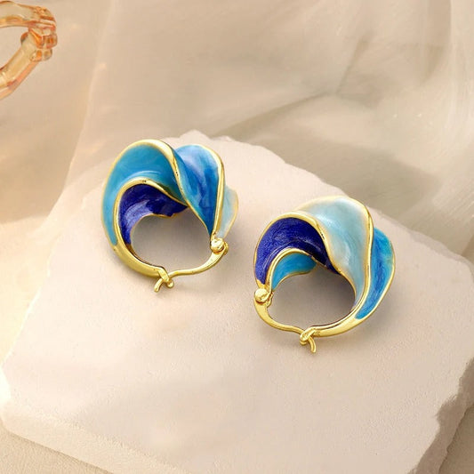 Gold & Blue Wave Hoop Earrings-Ariette Jewelry