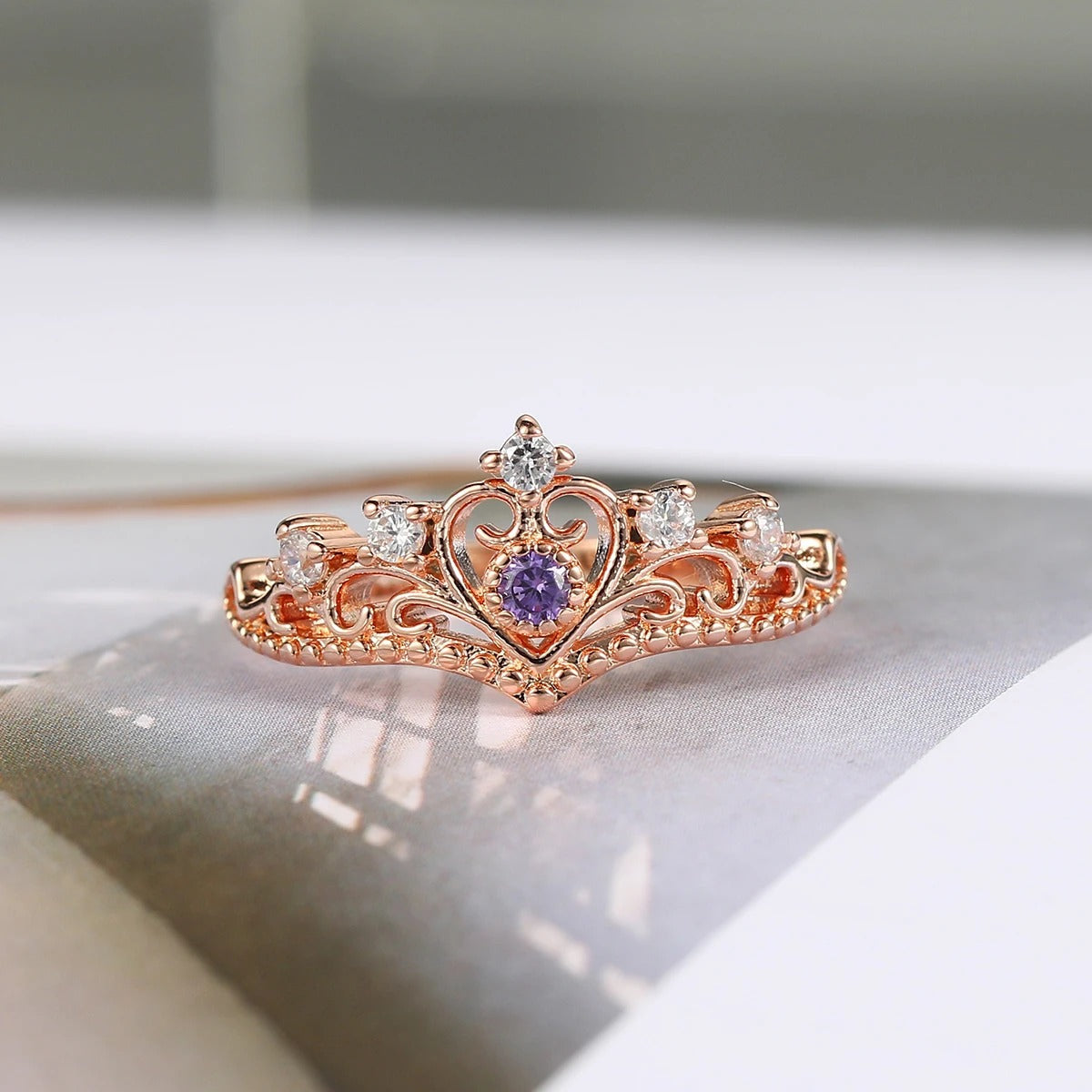 Princess Crown Rose Gold & Purple Crystal Ring-Ariette Jewelry