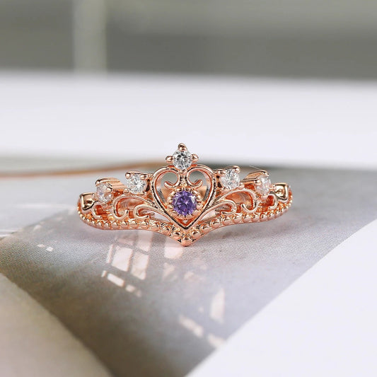 Princess Crown Rose Gold & Purple Crystal Ring-Ariette Jewelry
