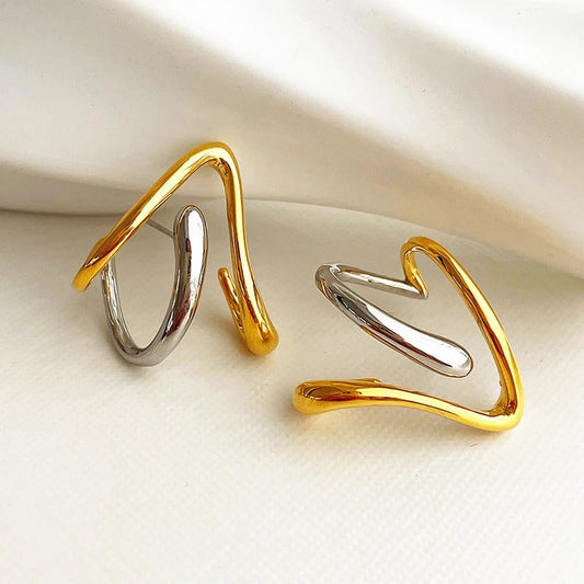 Vintage Abstract Gold & Silver Twist Hoop Earrings-Ariette Jewelry