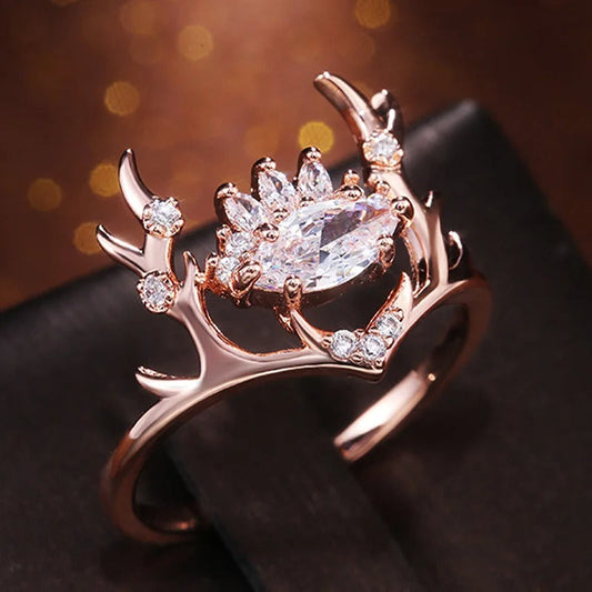 Rose Gold Antler Crown Marquise Ring-Ariette Jewelry