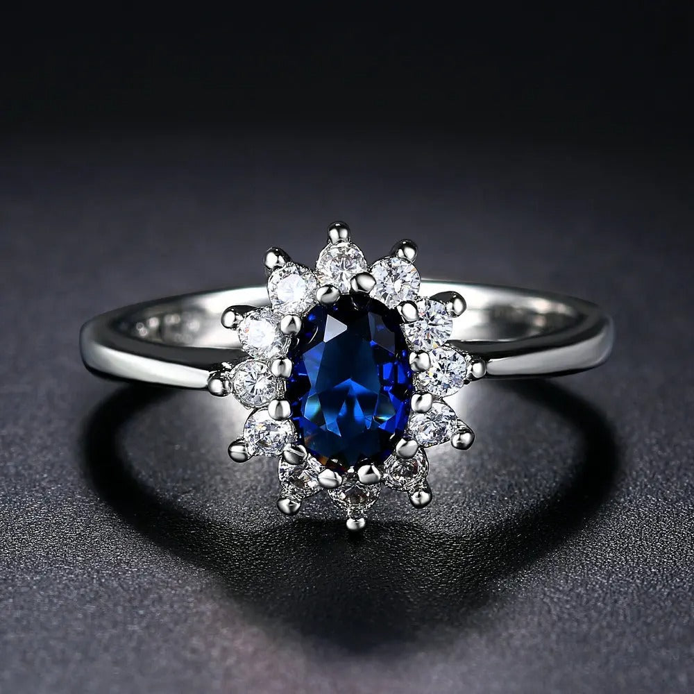 Silver Oval Blue Center Gemstone Halo Ring-Ariette Jewelry