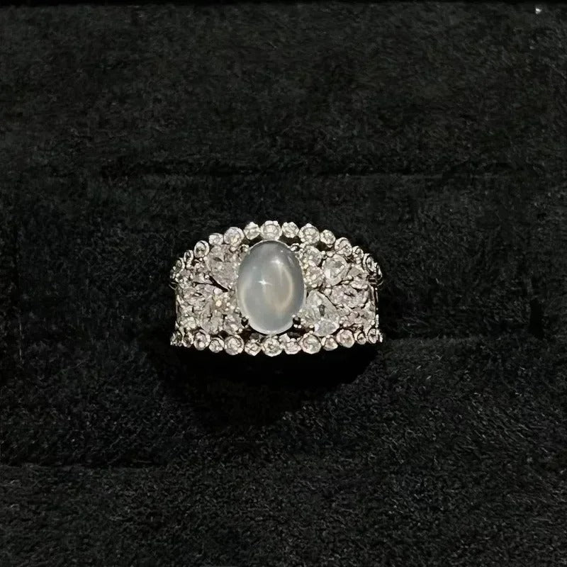Classic Vintage Silver Moonstone Halo Ring-Ariette Jewelry