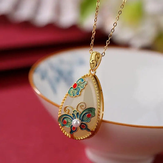 Classic Gold Butterfly & Floral Vintage Pearl Design Necklace-Ariette Jewelry
