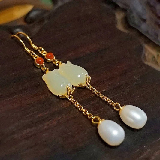 Classic Gold & Ivory Chain Jade Flower Pearl Earrings-Ariette Jewelry