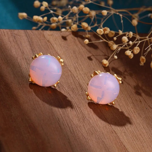 Classic Gold Pink Opal Stone & Delicate Floral Design Earrings-Ariette Jewelry