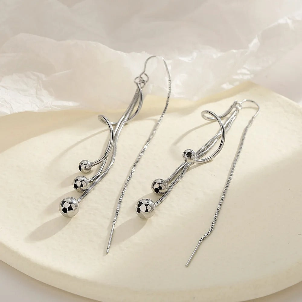 Vintage Silver Ball Long Drop Earrings-Ariette Jewelry