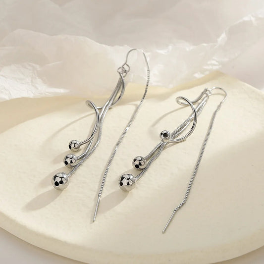 Vintage Silver Ball Long Drop Earrings-Ariette Jewelry