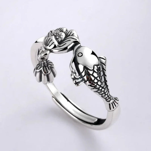 Vintage Silver Fish & Flower Design Adjustable Ring-Ariette Jewelry