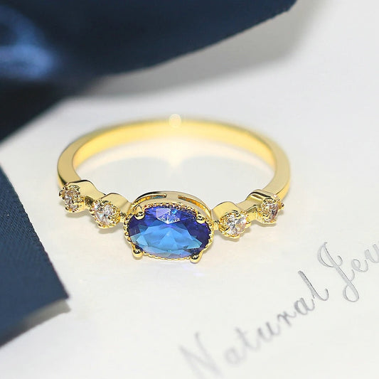 Vintage Gold Blue Oval Crystal Ring-Ariette Jewelry