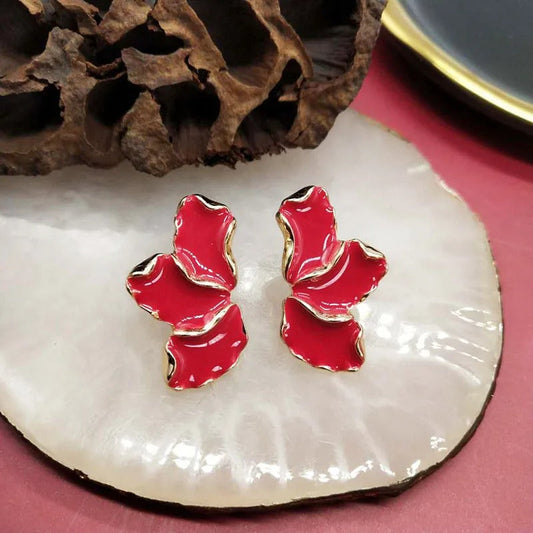 Vintage Gold Leaf Red Earrings-Ariette Jewelry
