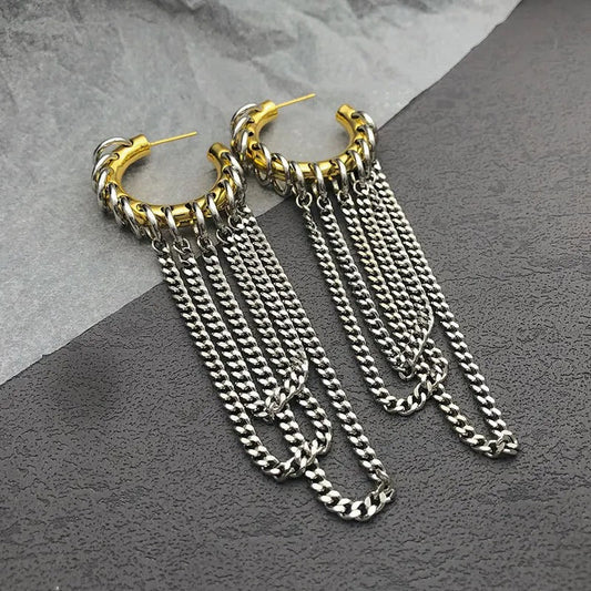Gold & Silver Chain Drop Hoop Earrings-Ariette Jewelry