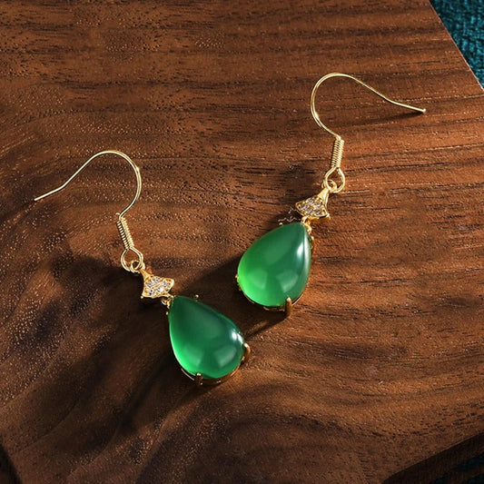 Timeless Green & Vintage Gold Twist Design Teardrop Earrings-Ariette Jewelry
