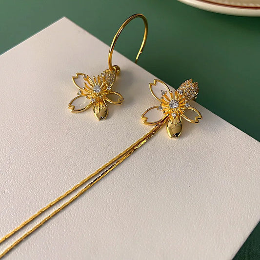 Vintage Gold Asymmetric Flower Tassel Earrings-Ariette Jewelry